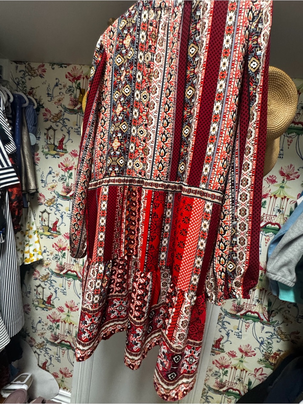 LOFT Red Multi-Pattern Long-Sleeve Tiered Dress - Picture 10 of 11